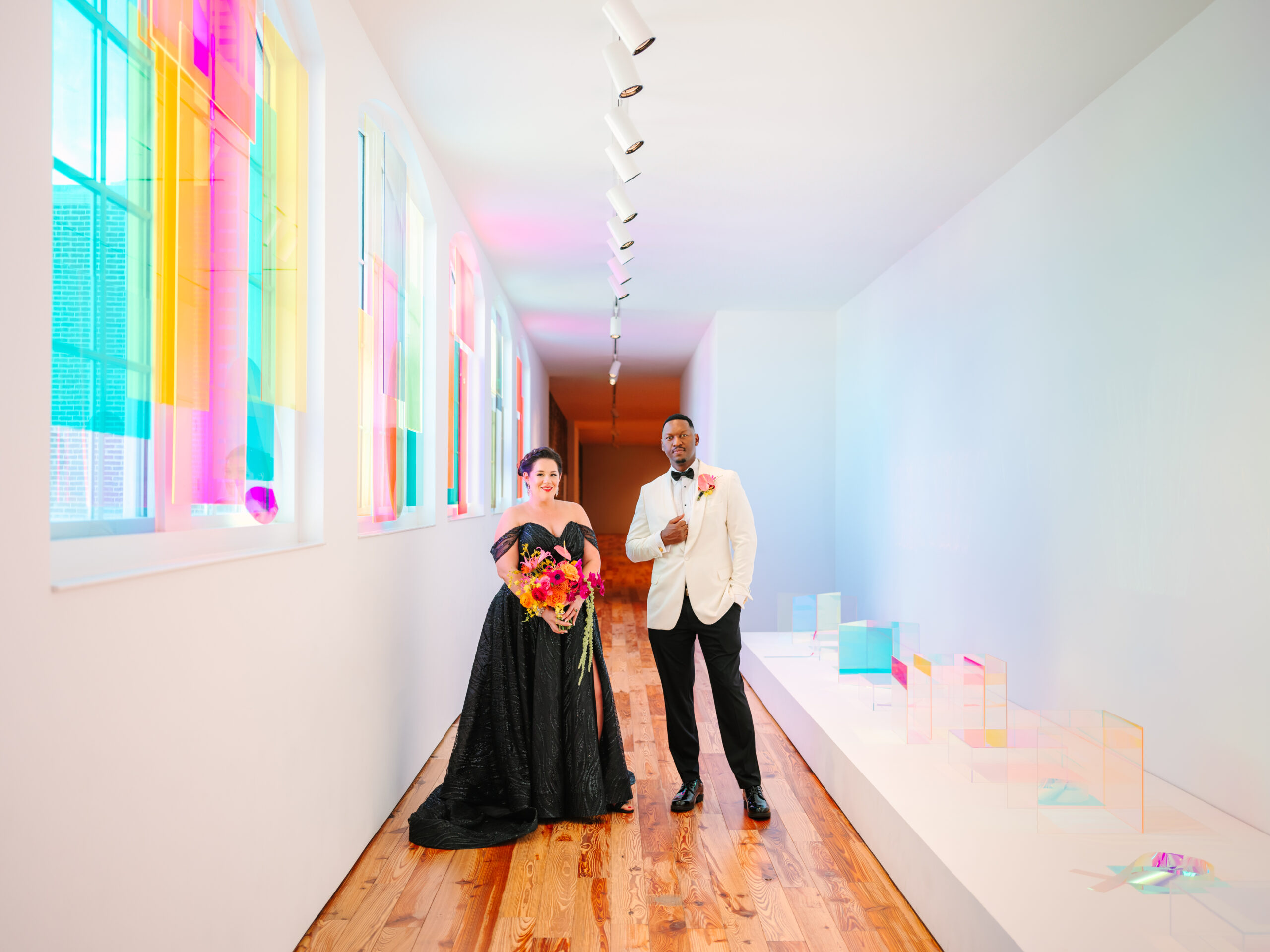 sarasota-art-museum-colorful-wedding-photography-celebrating-jewish-african-cultures-black-wedding-dress-white-tux